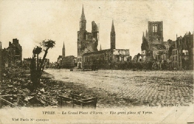 A postcard featuring a photograph of the devastation of the town of Ypres, Belgium, 1917