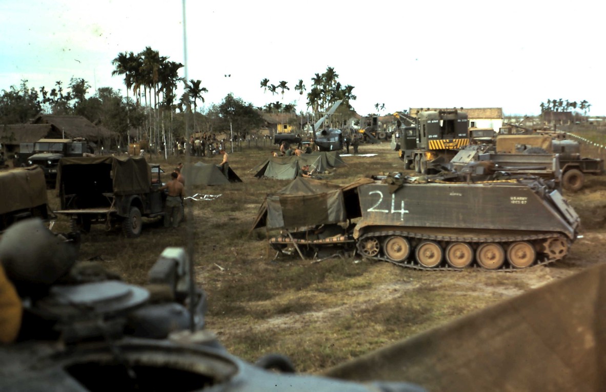 The US Flame Unit Joe spent time with during his month-long rotation. You can see the Flame Thrower vehicles, also known as “Zippo” vehicles in the photograph. Photo courtesy Joe Cazey.  