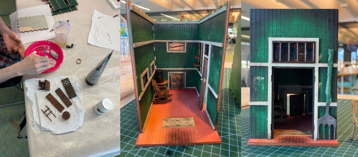 A collage of three photos showing off a dark green qld book nook. The photos so the interior and exterior of the nook.