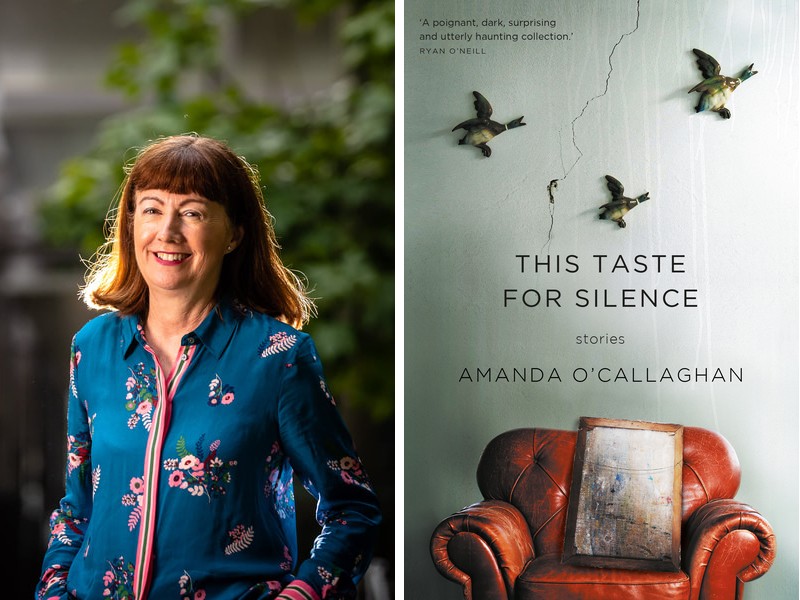 Composite cover image showing a smiling Amanda O'Callaghan in a blue floral shirt plus the cover of her book This Taste for Silence