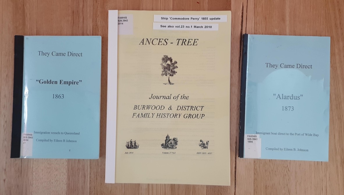 Front covers of three books left to right: "They came direct : Golden Empire 1863", "Ances-tree" journal and "They came direct : Alardus 1873"