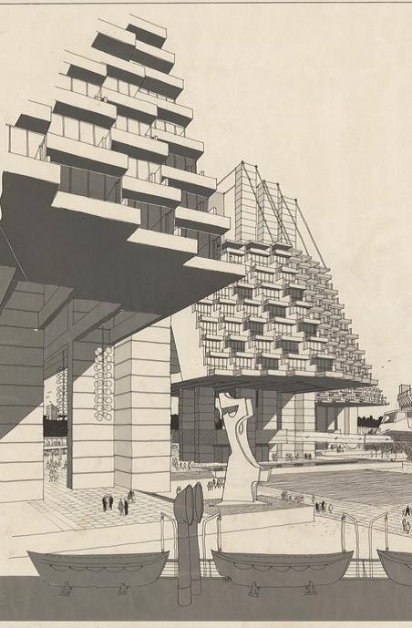 Drawing of buildings for World Expo 88 by James Maccormick