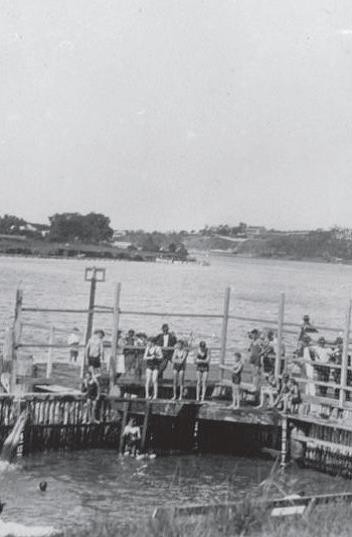 Photo of swimmers in an enclosed pool in the Brisbane River