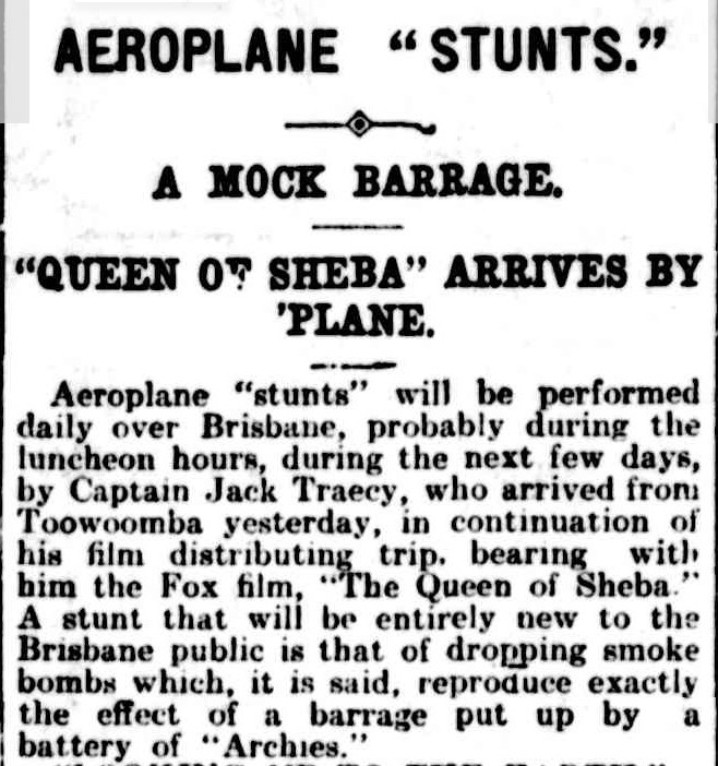 article from the Brisbane Courier about the stunt delivery of the film "the Queen of Sheba" by plane
