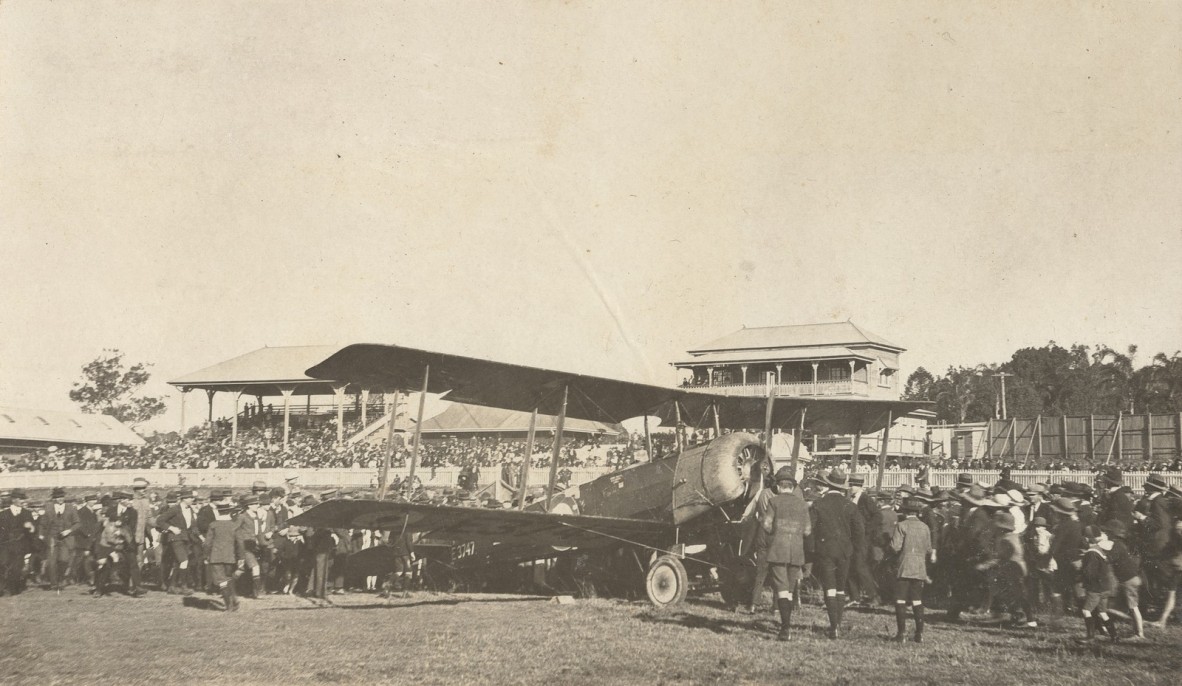 Avro biplane belonging to Sir Charles Kingsford Smith at Kedron race course