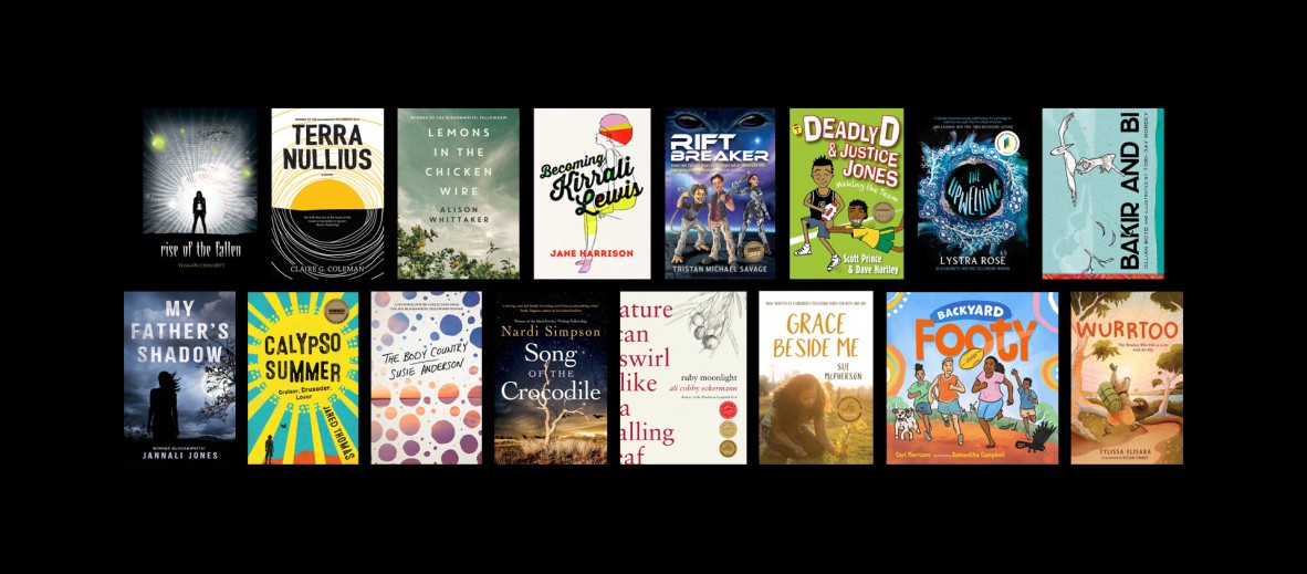 A diverse and colourful composite image of sixteen book covers by black&write! winners, from children's picture books to poetry, adult fiction, young adult and junior fiction