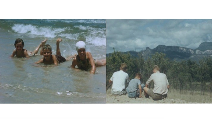 Photo on left depicts 3 children in the water at the beach;Right depicts 3 children sitting on a rise facing a mountain range 