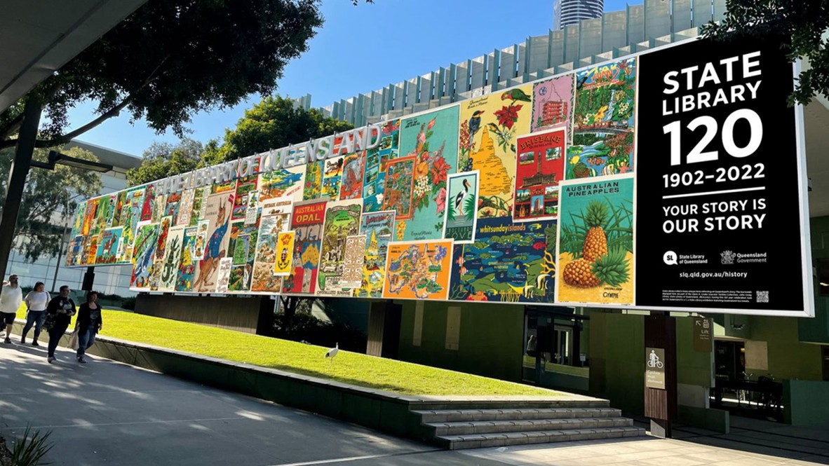 Billboard outside State Library, 2022