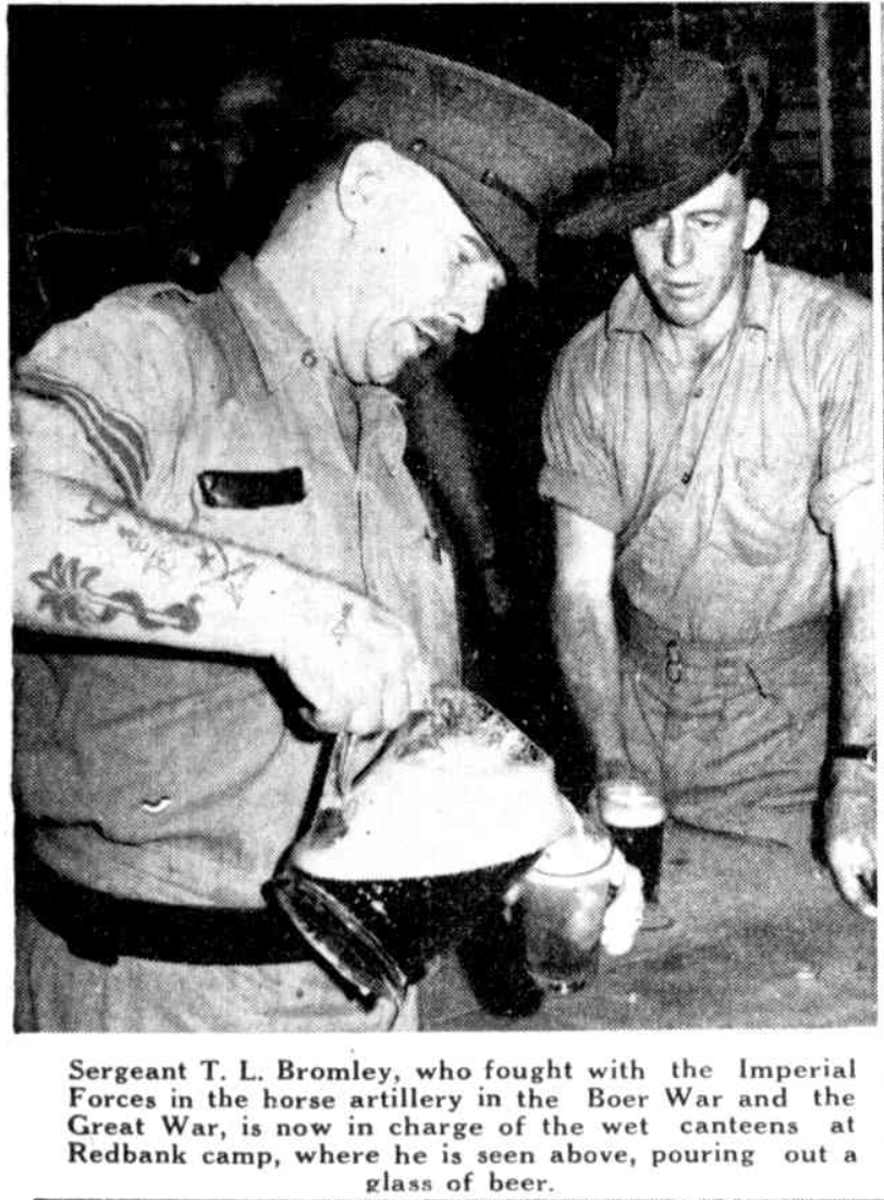A black-and-white newspaper photograph shows Sergeant T. L. Bromley, a man in a military cap with tattoos on his forearm, pouring a dark, foamy beer from a glass pitcher into a glass on a counter. Standing to his right is another man in a slouch hat and military uniform watching him.
