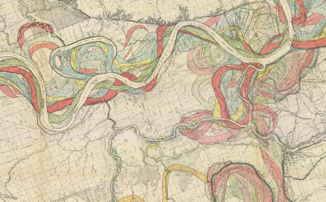 Hand drawn maps tracing the Mississippi River from southern Illinois to southern Louisiana