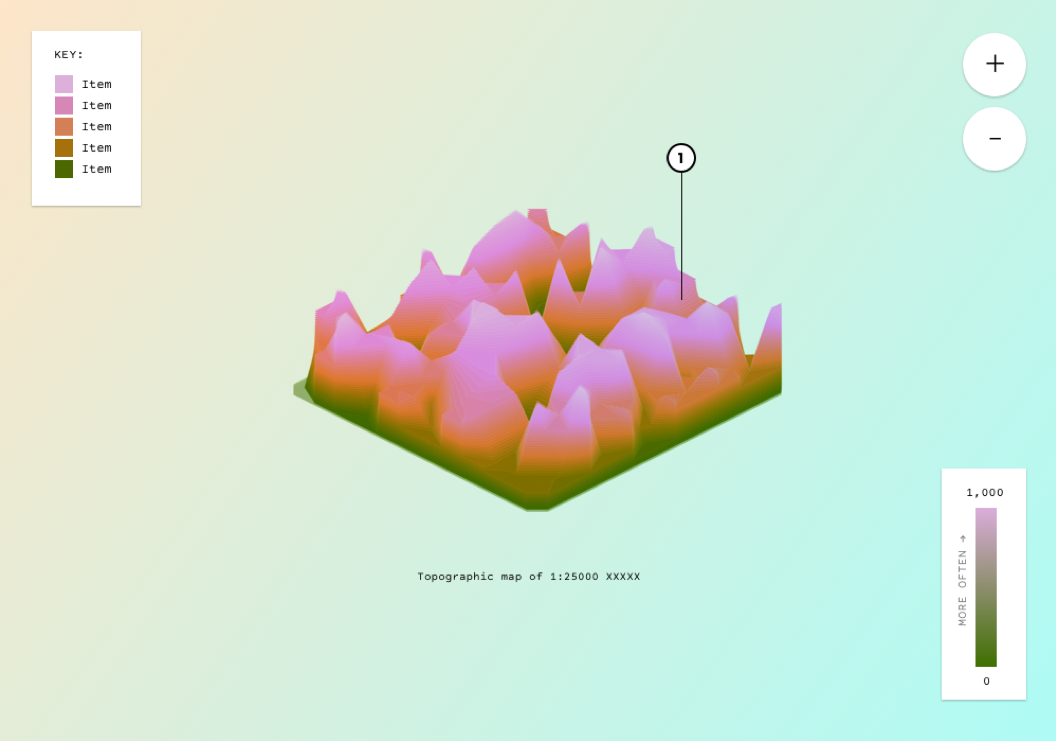 3D topographic map with colours indicting elevation