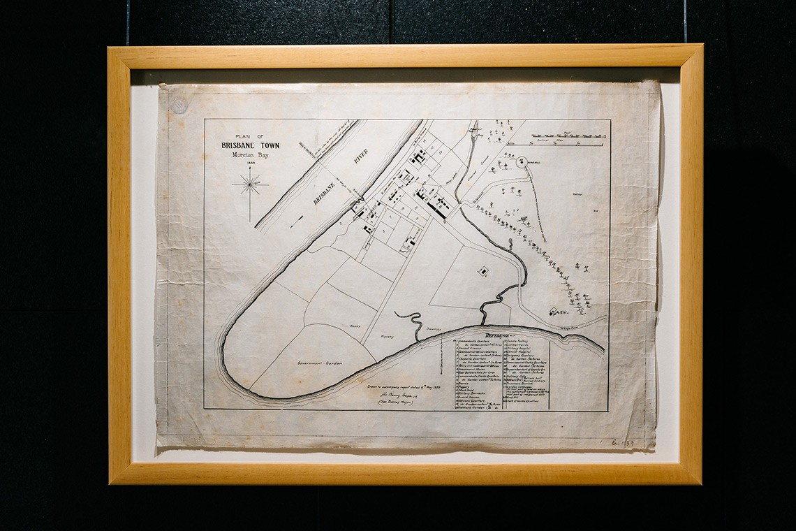 Map of the Moreton Bay convict settlement drawn in 1839 and including the location of natural features and buildings including the Windmill and Commissariat Stores  