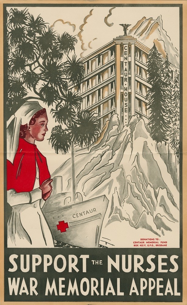 The poster depicts a nurse in the foreground with the hospital ship "Centaur" and Centaur House in the background.