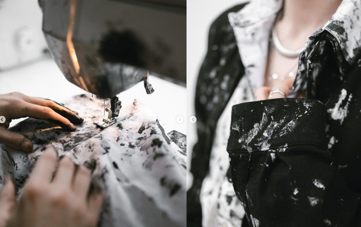a collage of two photos, one showing someone sewing a white shirt while their hands are covered in black paint. The other shows a model wearing two garments, one white shirt with black fingerprints and a black shirt with white fingerprints.