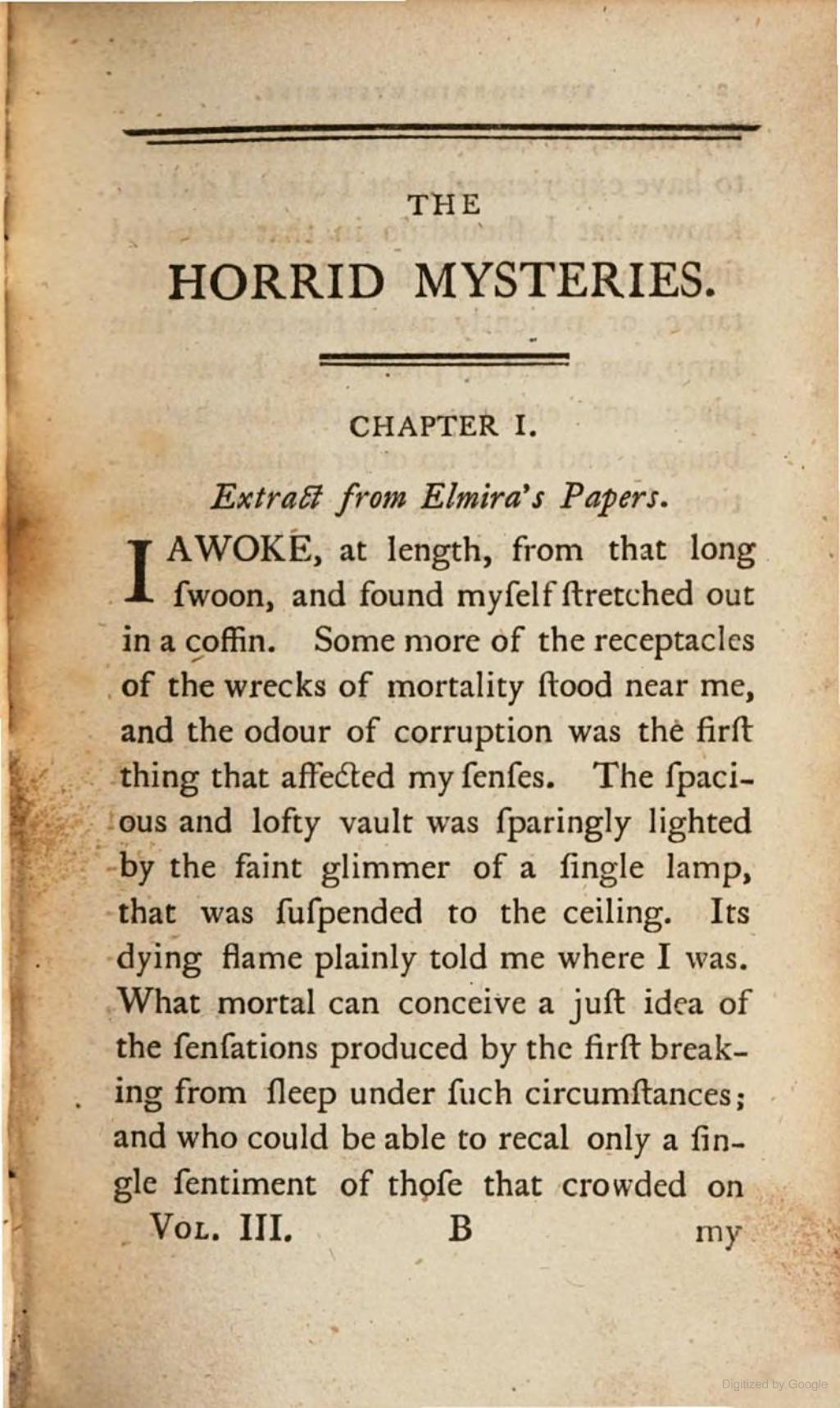 Horrid mysteries, 1796. Chapter 1, Page 1.