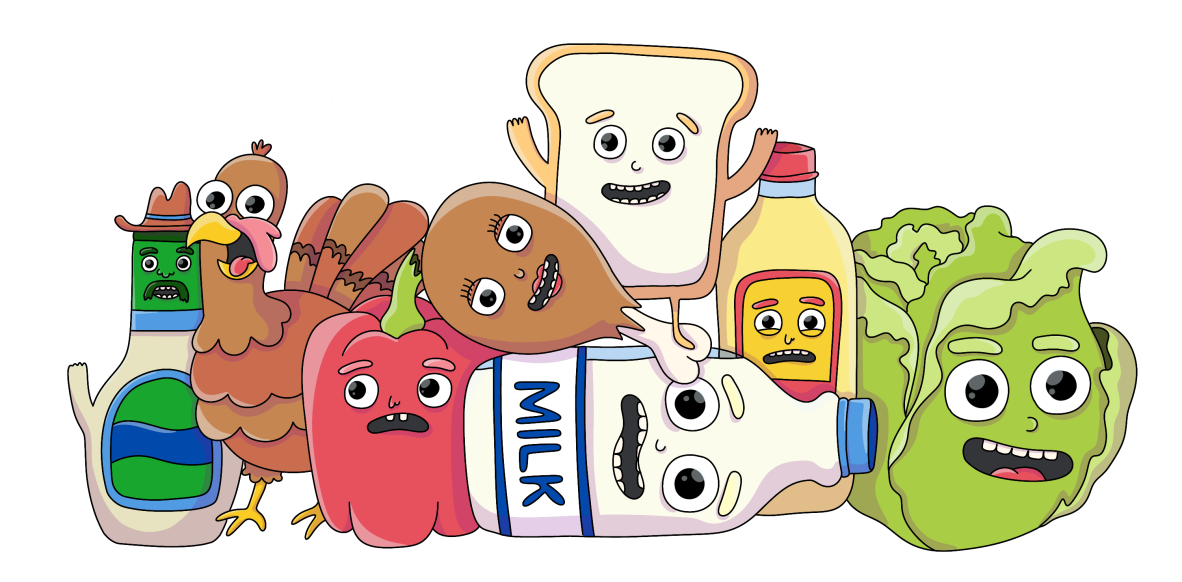  The image features a lively group of cartoon food characters with expressive faces. From left to right, there’s a surprised bottle of ranch dressing, a cheerful roasted chicken, a happy red bell pepper, a panicked milk bottle lying on its side, a smiling fried egg, a friendly slice of bread, a stern mustard bottle, and a startled head of lettuce. Each character is animated with a quirky personality, creating a fun and playful scene.