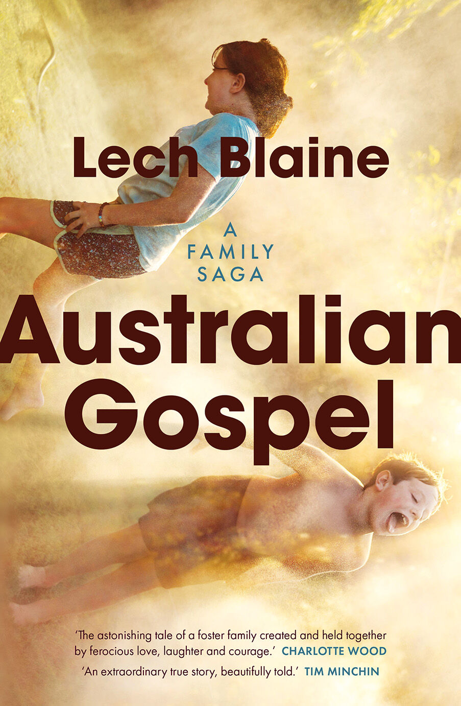 A book cover for AUSTRALIAN GOSPEL by Lech Blaine showing two kids playing under a sprinkler