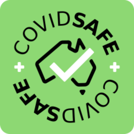 A green square saying Covid Safe in black writing