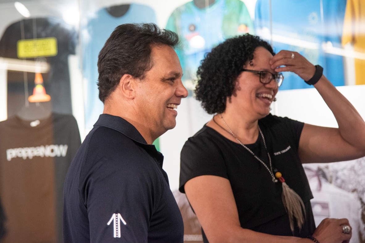 Deadly Threads curator, Louise Hunter with Deadly Choices Ambassador, Steve Renouf