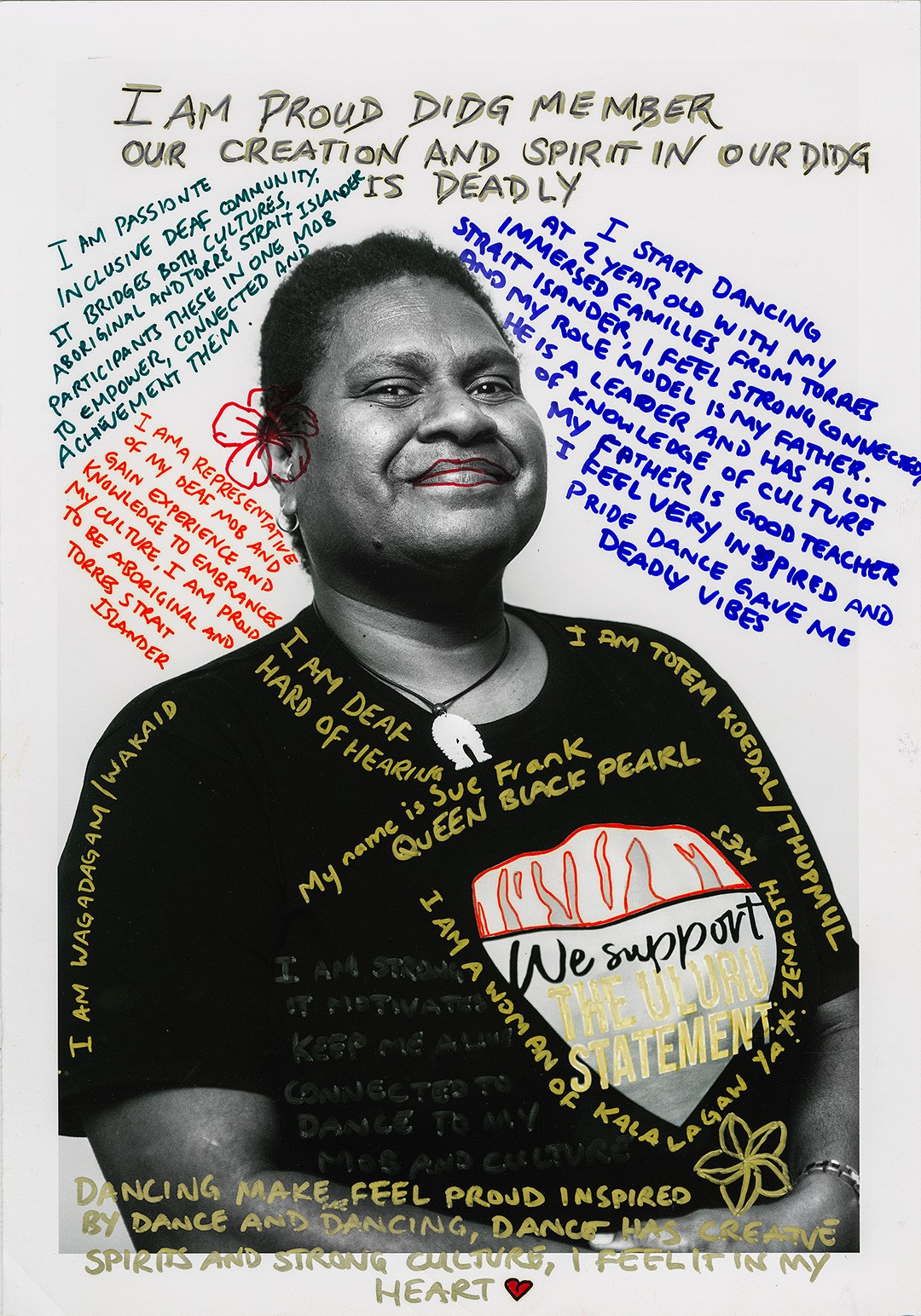 First Nations performer, Sue Frank, smiles proudly with inspirational messages hand-written around her portrait.