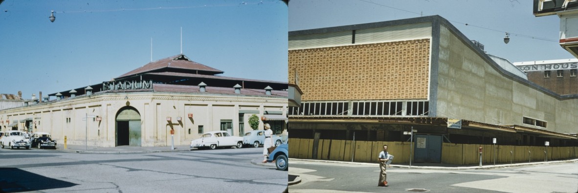 Brisbane Stadium, on the corner of Charlotte and Albert Streets, Brisbane, 1957 and the new Festival Hall, 1959. 