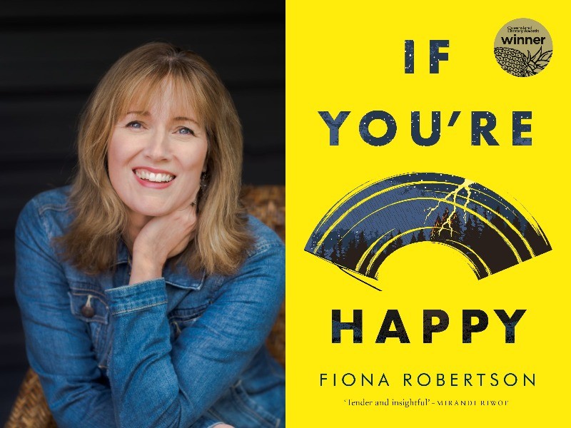 Composite cover image showing a smiling Fiona Robertson in a blue denim shirt plus the cover of her book If Youre Happy