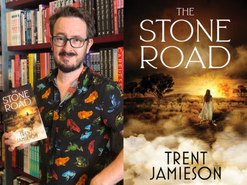 Composite of Trent Jamieson and his book, The Stone Road