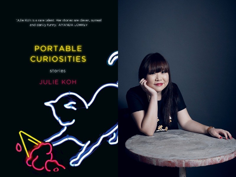 A composite image showing the cover of PORTABLE CURIOSITIES by Julie Koh, which has a black cover and the outline of a cat and an ice cream. On the right is a photo of Julie seated at a table.