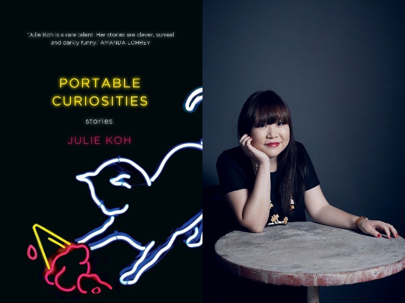 A composite image showing the cover of PORTABLE CURIOSITIES by Julie Koh, which has a black cover and the outline of a cat and an ice cream. On the right is a photo of Julie seated at a table.