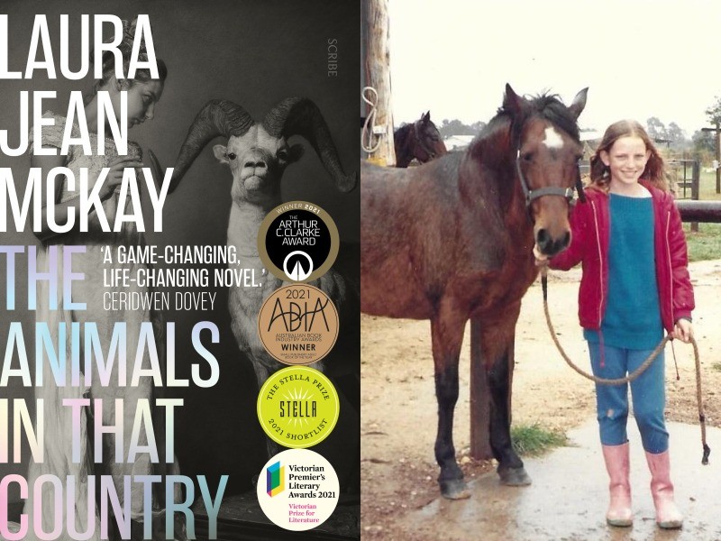 Book cover of The Animals in that Country beside a photo of a girl and a horse