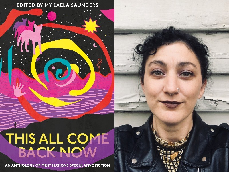 Composite of This All Come Back Now book cover and a photo of Mykaela Saunders in a black jacket in front of a painted wall