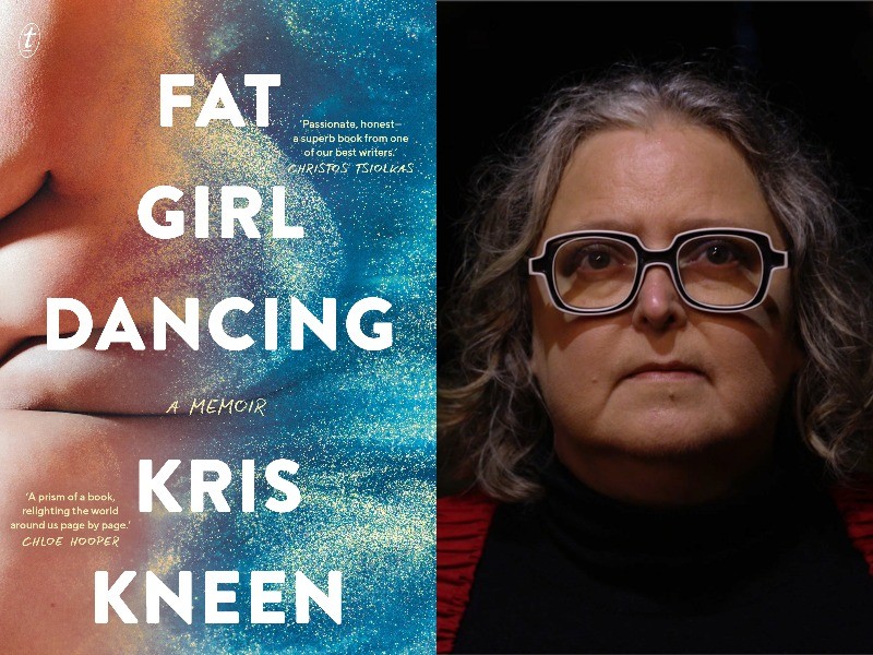 A composite image of Kris Kneen and the cover of their book "Fat girl dancing"