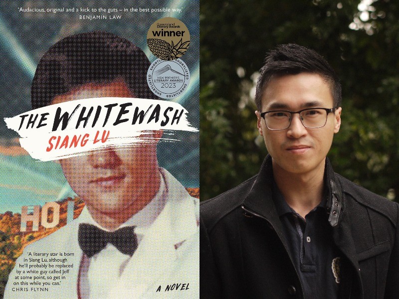 Composite image of The Whitewash book cover showing a man in a white tuxedo, and a photo of Siang Lu who is in glasses and a black jacket