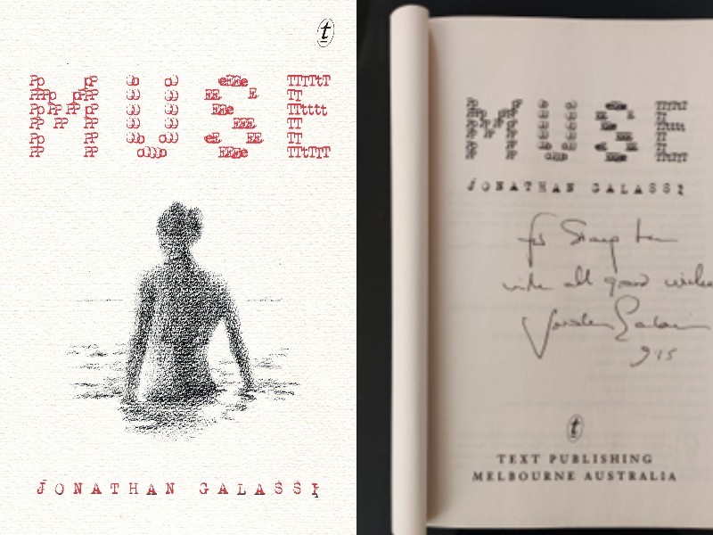 Composite image showing the book cover MUSE by Jonathan Galassi and the author-signed front page