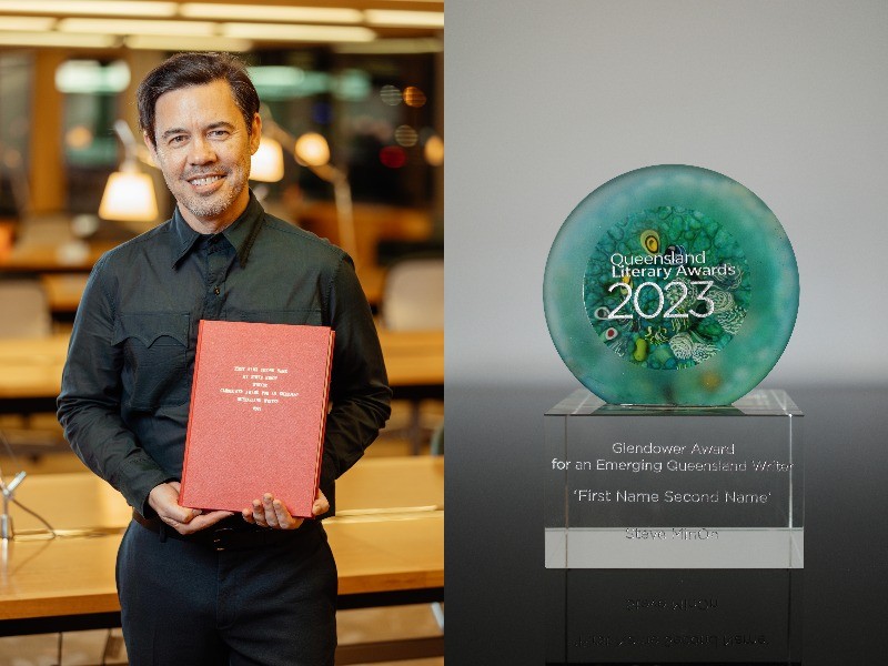 Composite of Steve MinOn holding a red book, and a green and glass trophy
