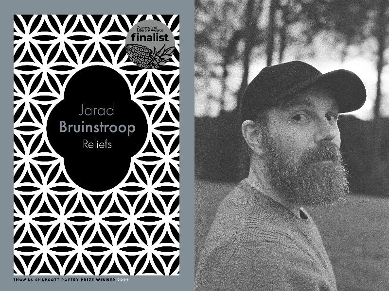 Composite image showing the book cover RELIEFS by Jarad Bruinstroop and a photo of Jarad in black and white wearing a jumper and cap