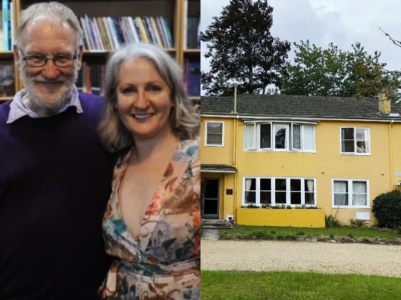 Composite image of Peter Bishop and Angela O'Keeffe at Varuna, and an external shot of the yellow facade of Varuna surrounded by trees