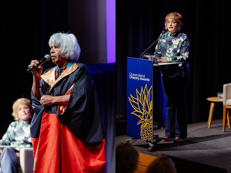 A composite image showing Aunty Dawn Daylight on the left and Sarah Kanowski on the right, both speaking onstage