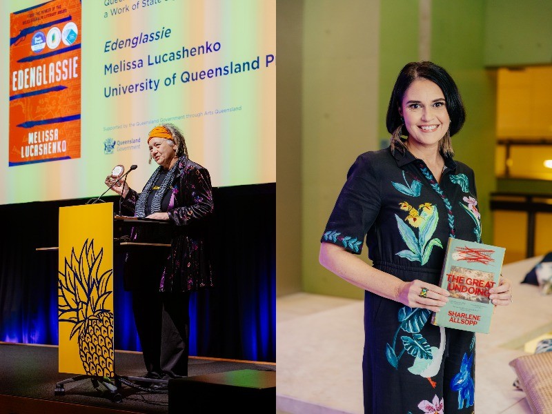 A composite image of Melissa Lucashenko onstage holding a trophy, and Sharlene Allsopp smiling and holding a copy of her book