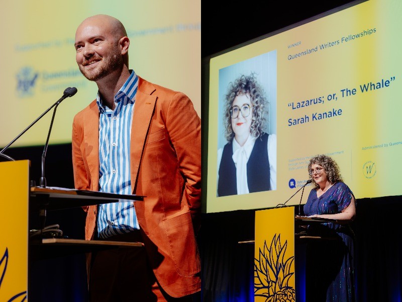 A composite image of Myles McGuire onstage and Sarah Kanake onstage at the 2024 Queensland Literary Awards ceremony