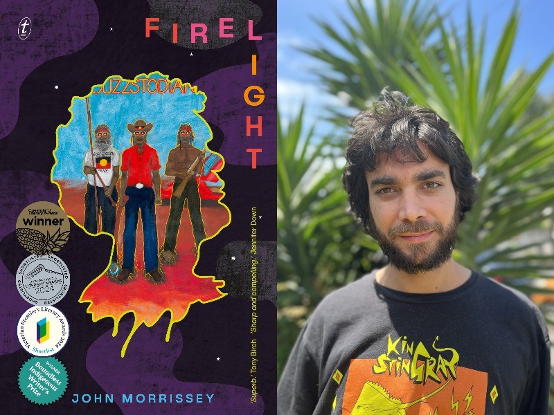 Composite image showing the book cover FIRELIGHT by John Morrissey and a photo of John wearing a King Stingray t-shirt