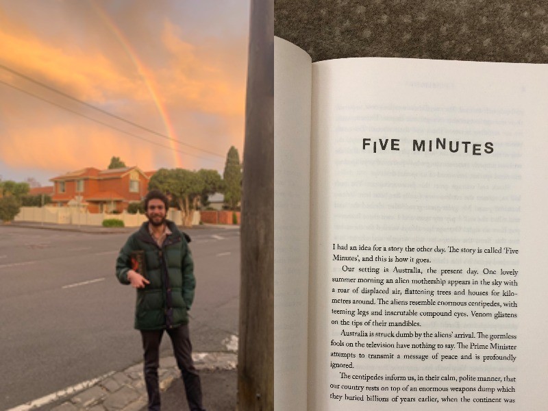 A composite image of John Morrissey and a page from a short story titled FIVE MINUTES
