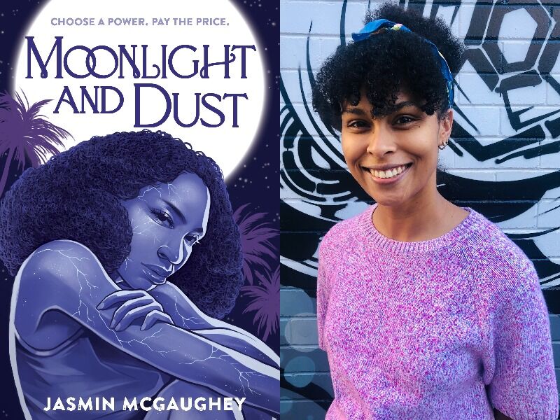 Composite image of the book "Moonlight and dust" by Jasmin McGaughey and a photo of Jasmin beside it, wearing a purple jumper