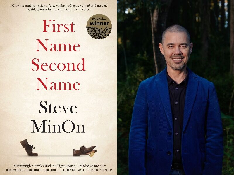 Composite image of the book cover FIRST NAME SECOND NAME and a photo of the author Steve MinOn wearing a blue jacket