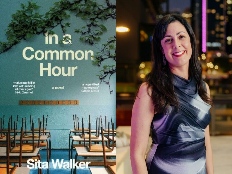 Composite image of the book cover "In a common hour" by Sita Walker and a photo of Sita Walker