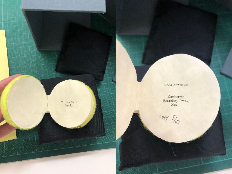 Two close ups of 'Tennis ball' by Linda Newbown which has pages inside a tennis ball