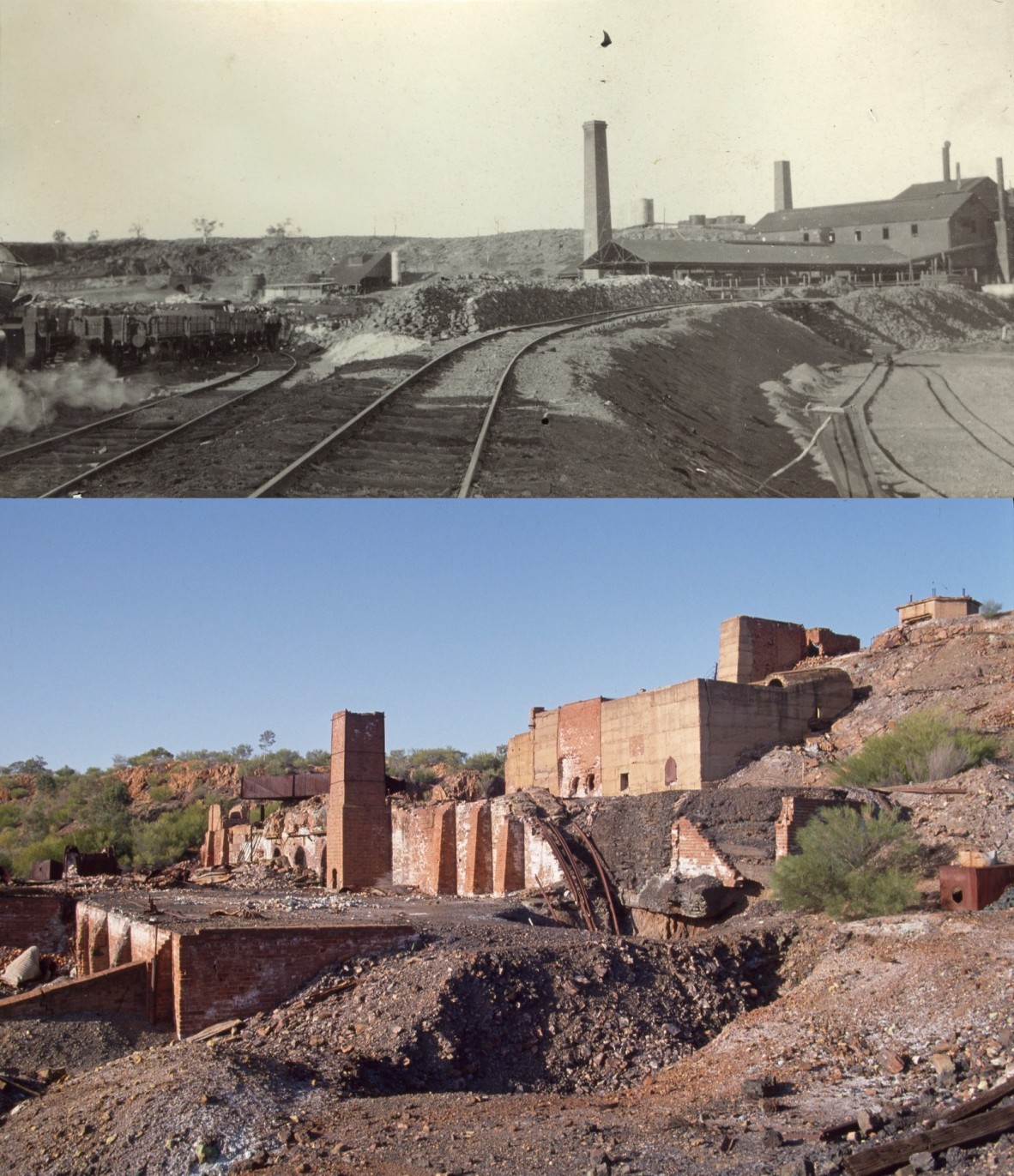 Views of the Mount Elliott Copper mine 1912 and 1992.