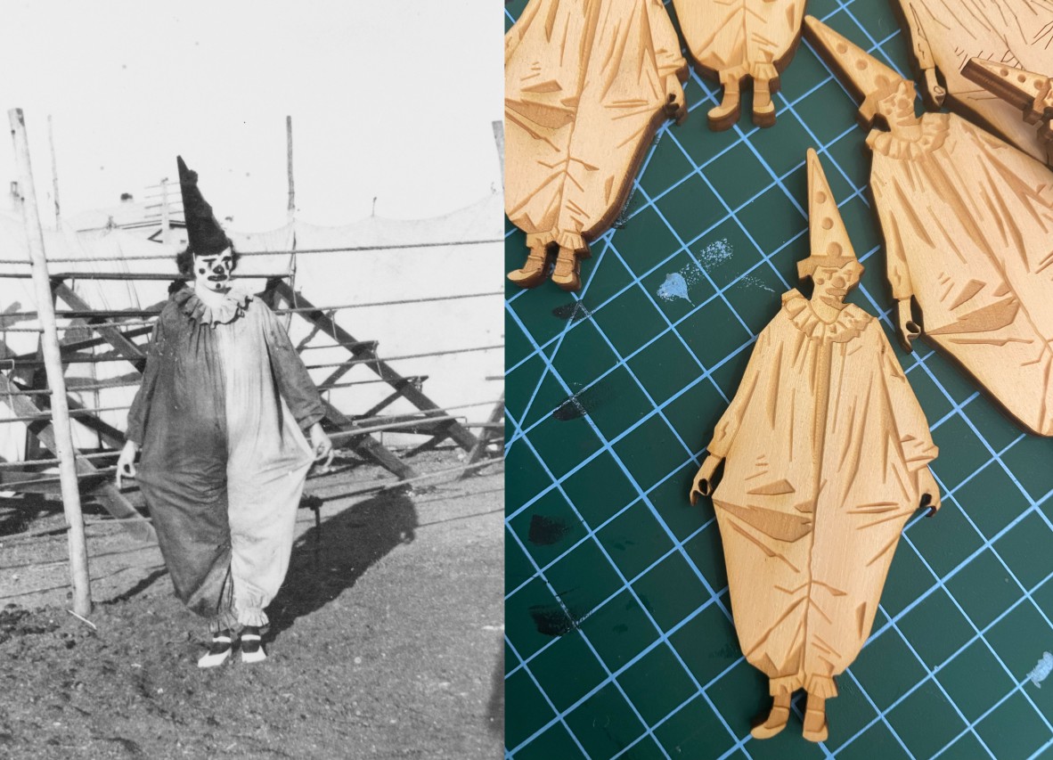 A collage of two photos, Left photo is an old photo of a clown outside of the circus and the right is a cut out and engraved verison on the clown on a piece of wood.