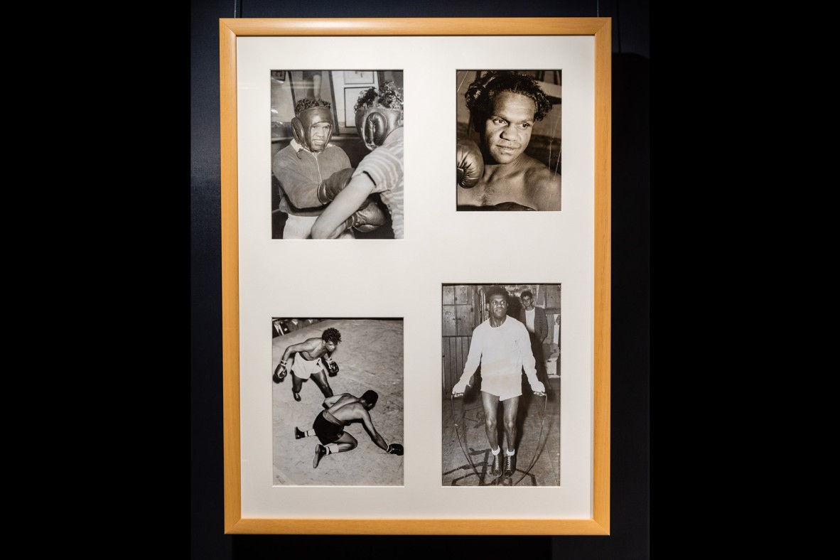 Black and white photos of boxer Elley Bennett training, fighting, with family, and in promotional images.