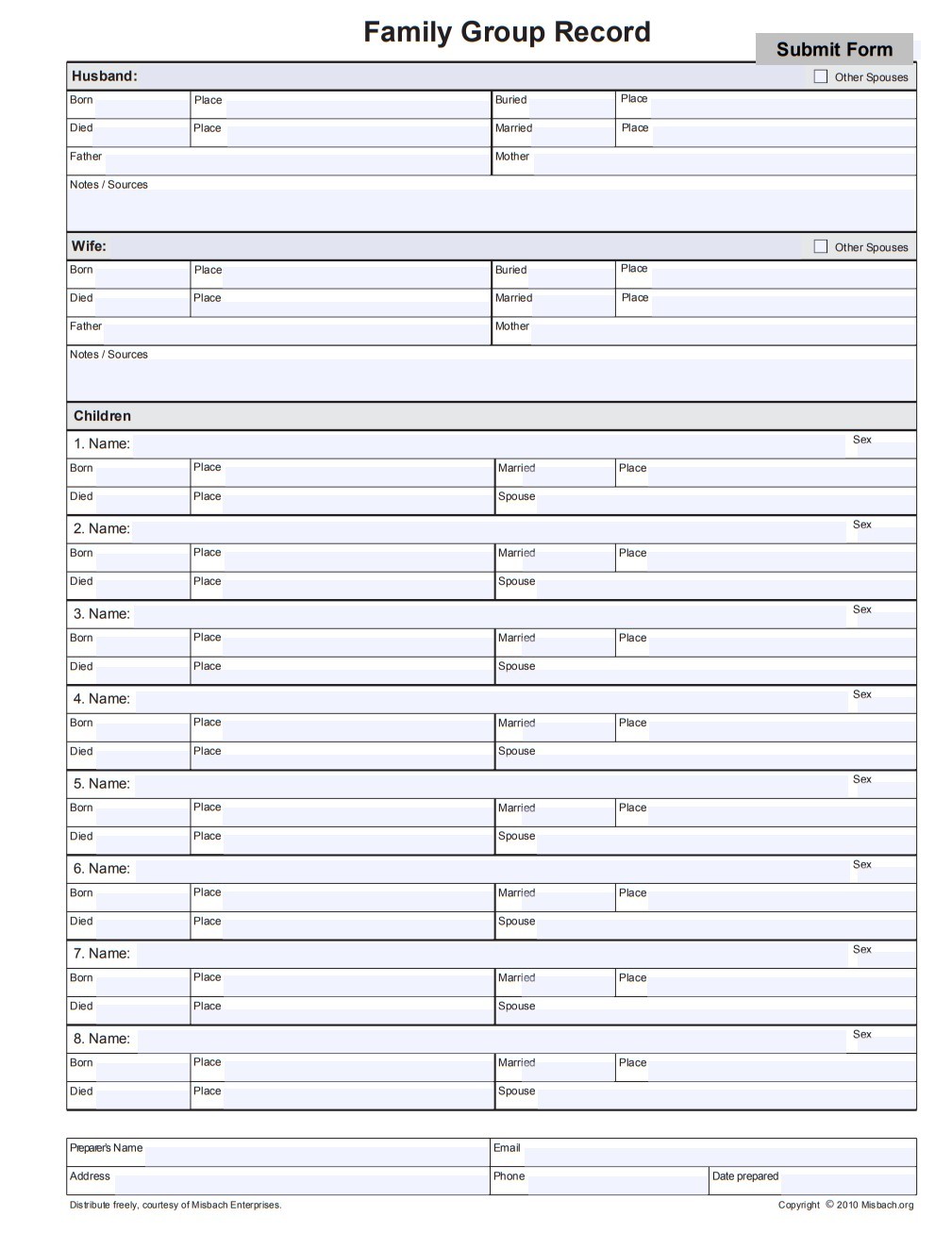 A family group sheet with blank spaces for names and dates